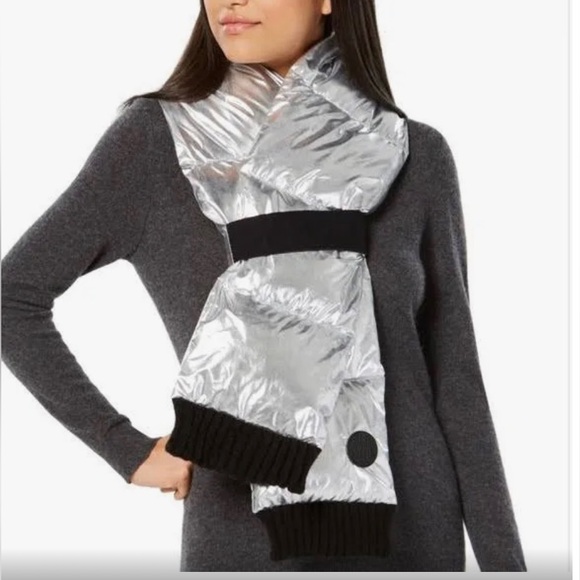 NWOT DKNY quilted silver puffer scarf. Black trim. 8 x 60”. Purchased w/o tags. - Picture 2 of 6